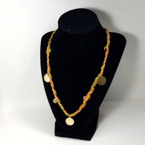 KISMET, Gold tone hammered discs and Crystal,Multicolored Ribbons Necklace